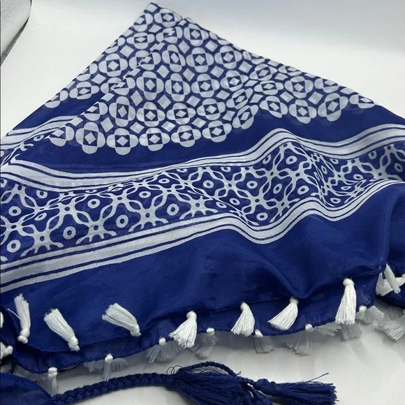 Chico's Blue and White Scarf with Tassels - Picture 5 of 6